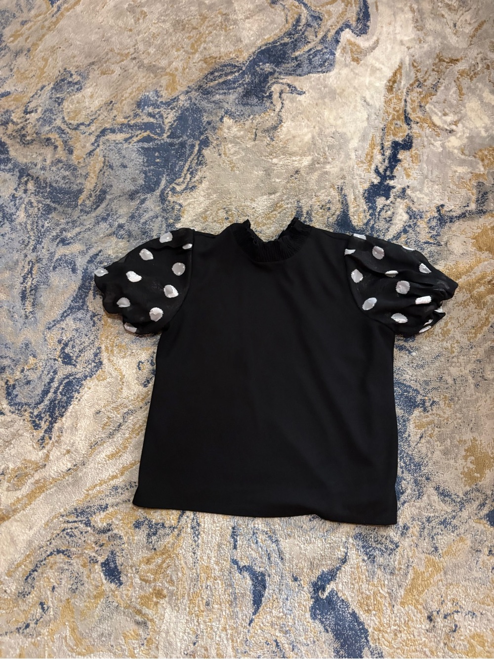 Girls Black Puff-Sleeve Top with Silver Polka Dots